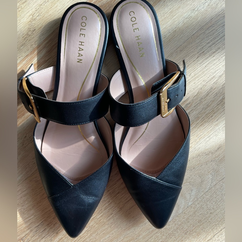 Cole Haan Black Pointed Leather Mule Clogs with Gold Buckle